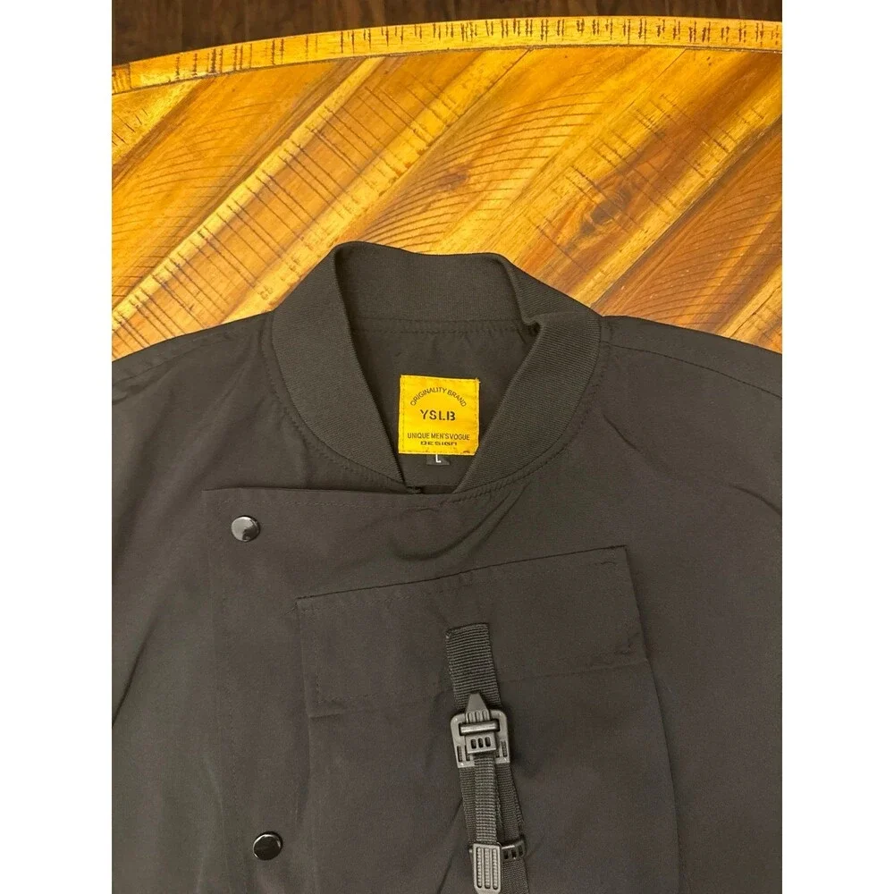 YSLB Men’s Black Multi Pocket Cargo Bomber Jacket Techwear Windbreaker L
